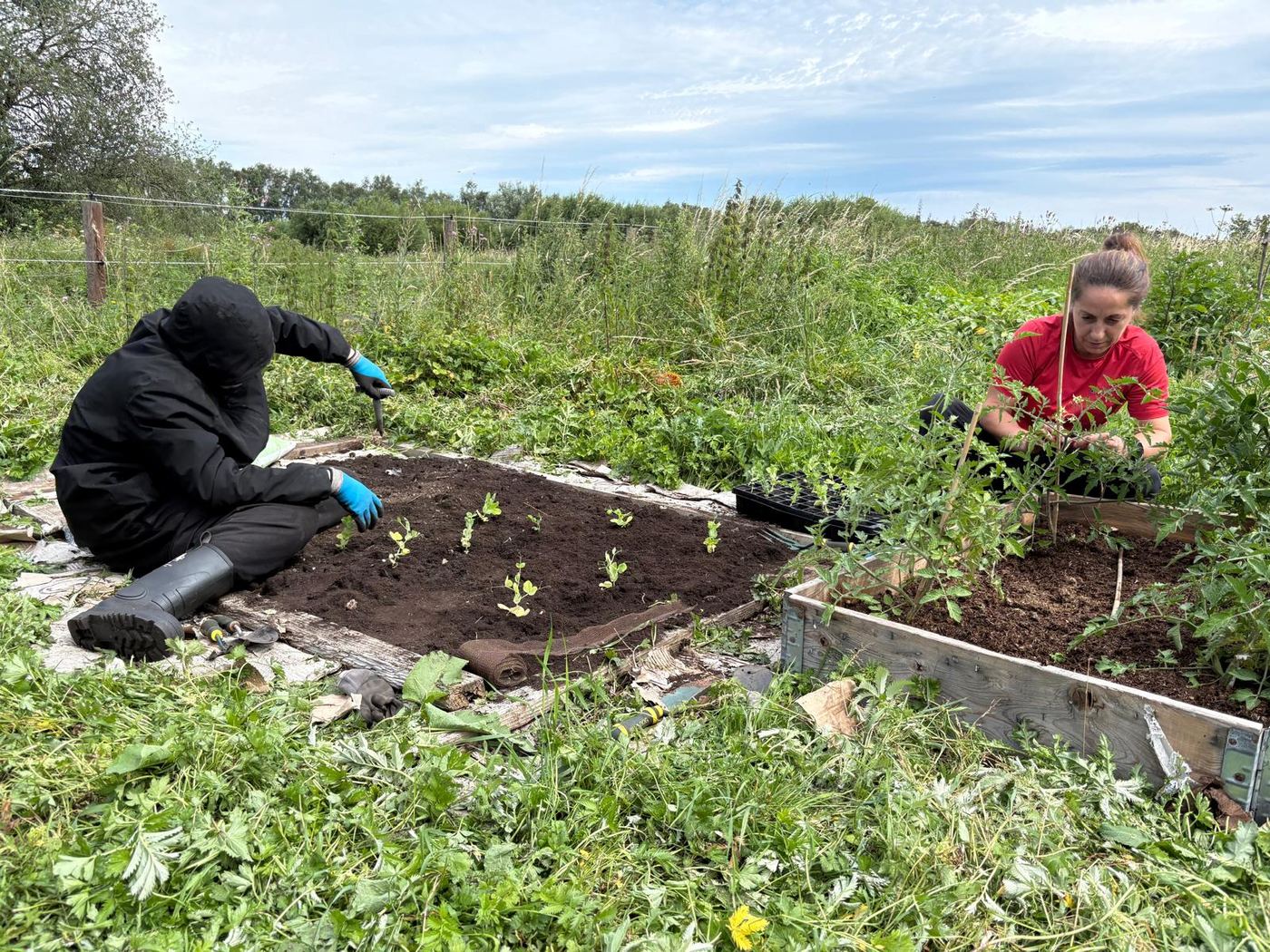 Volunteers planting a raised bed at Moss Lane Farm